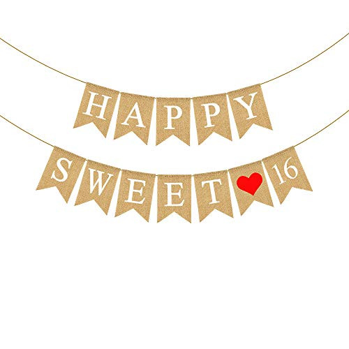Jute Burlap Happy Sweet 16 Banner for Girl 16th Birthday Party Bunting Garland Decoration Jute Burlap Happy Sweet 16 Banner for Girl 16th Birthday Party Bunting Garland Decoration