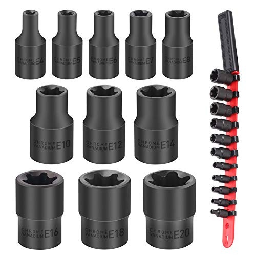 SEDY 11 Pc Female E Torx Star Socket Set/Rail, Female External Star Socket Set E4 - E20 Torque Socket Set