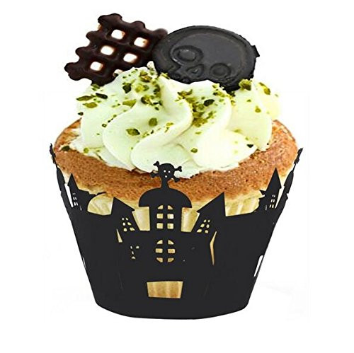 Since Pack of 60 Halloween Spiderweb/Witch/Castle Laser Cut Cupcake Wrappers Liners Party Decorations New Year Christmas decorations (Castle)