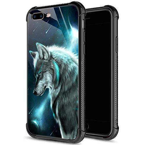 iPhone 8 Cases,9H Tempered Glass iPhone 7 Cases for Boys Mens,Blus Galaxy Wolf Cool Pattern Design Shockproof Anti-Scratch Case for Apple iPhone 7/8 4.7 inch Galaxy Wolf
