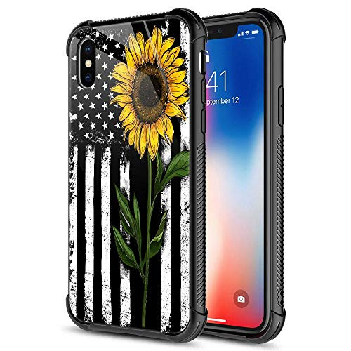 ZHEGAILIAN iPhone XR Case, 9H Tempered Glass Sunflower and Flag iPhone XR Case for Girls [Anti-Scratch] Fashion Cute Pattern Design Cover Case for iPhone XR 6.1-inch Sunflower Flag