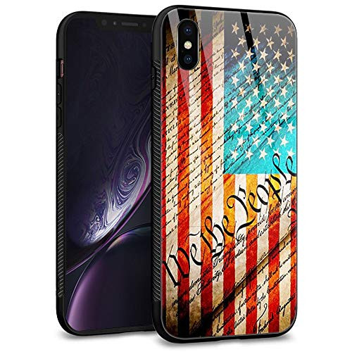 iPhone Xs MAX Case,Tempered Glass Back Shell Pattern Designed Cool with Soft TPU Bumper Case for Apple iPhone Xs MAX Cases -US Constitution Overtop American Flag