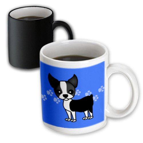 3dRose Cute Boston Terrier Blue Pawprint Background Magic Transforming Mug, 11-Ounce