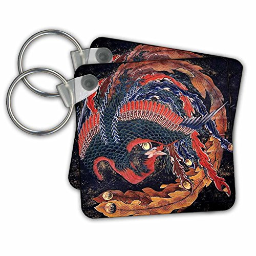 3dRose Image of Famous Japanese Hokusai Painting of The Phoenix - Key Chains, 2.25" x 2.25", Set of 2 (kc_234284_1)