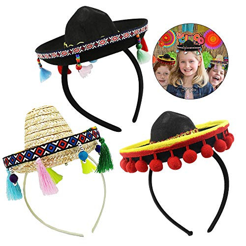 QIQU 3Pcs Cinco De Mayo Sombrero Headband, Fiesta Fabric and Straw Sombrero Party Hats for Carnivals Festivals, Dia De Muertos, Coco Theme, Wedding, Birthdays and Party Supplies