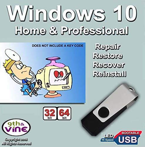 9th & Vine USB Flash Drive Compatible With Windows 10 Home & Professional 32/64 bit. Install To Factory Fresh, Recover, Repair and Restore Boot Disc. Fix PC or Laptop.