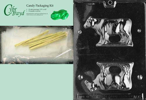 Cybrtrayd MdK25G-A066 3D Cow Animal Chocolate Candy Mold with Packaging Kit