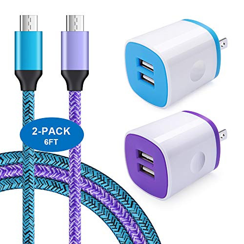 AndHot 2Pack 2.1A Dual Port USB Wall Charger Adapter + 2Pack 6ft Braided Micro USB Cable, 4 in 1 Android Charger Kit Compatible with Samsung Galaxy S7 S6 Edge J8 J7 J3, LG, Moto G5 Plus, Kindle fire