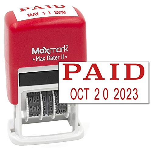 MaxMark Self-Inking Rubber Date Office Stamp with Paid Phrase & Date - RED Ink (Max Dater II), 12-Year Band