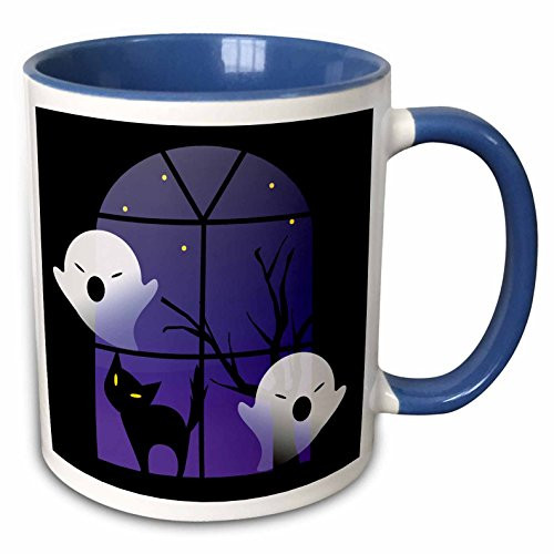 3dRose 200323_6 Halloween Ghosts And Cat In House Mug, 11 oz, Blue