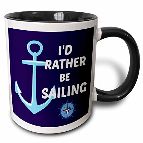 3dRose 216261_4 Id Rather Be Sailing Anchor, White And Blue Mug, 11 oz, Black