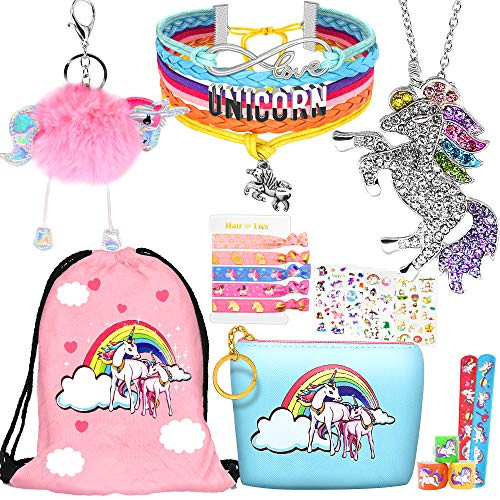 8 pcs Unicorn Gifts for Girls Teen Necklace Bracelet Jewelry Hair Ties Backpack Slap Bracelet Stickers Keychain Coin Purse Accessories Stuff Party Favors Birthday Gifts Set for Women by Hevout