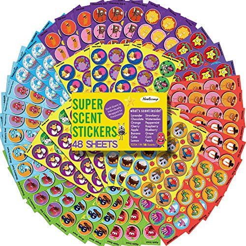 HORIECHALY Scratch and Sniff Stickers for Kids&Teachers,48 Sheets with 16 Scents Smelly Stickers, Variety Packs Super Scented Reward Stickers Halloween Treats Birthday Gift,Party Favors.