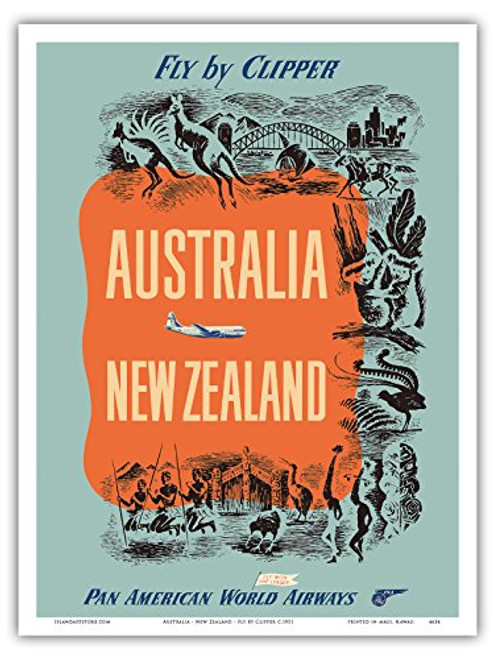 Australia - New Zealand - Fly by Clipper - Pan American World Airways - Vintage Airline Travel Poster c.1951 - Master Art Print - 9in x 12in Australia - New Zealand - Fly by Clipper - Pan American World Airways - Vintage Airline Travel Poster c.1951 - Master Art Print - 9in x 12in