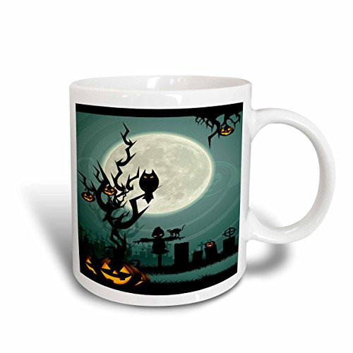3dRose  Scary Halloween Scene with Pumpkin and Haunted Tree Under Big White Moon, Ceramic Mug, 11-Oz