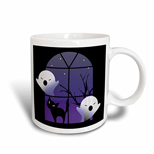 3dRose mug_200323_1 Halloween Ghosts and Cat in House Ceramic Mug, 11-Ounce
