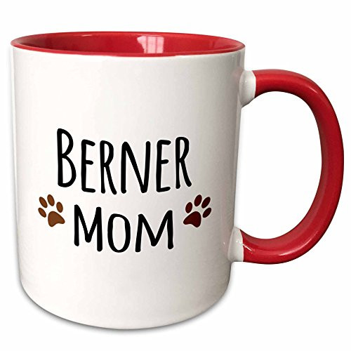 3dRose 154073_5"Berner Mom-Bernese Mountain Dog-Doggie By Breed-Brown Muddy Paw Prints Ceramic Mug, 11 oz, Red/White