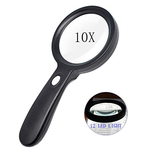 Lighted Magnifying Glass-10X Handheld Reading Magnifier Glass with 12 LED Lights for Seniors & Kids- Large and Real Magnifying Lens for Seniors Reading, Soldering, Inspection, Coins, Jewelry, Explorin