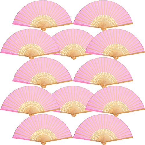 Bememo Hand Held Fans Silk Bamboo Folding Fans Handheld Folded Fan for Church Wedding Gift, Party Favors, DIY Decoration (12 Pack, Pink)