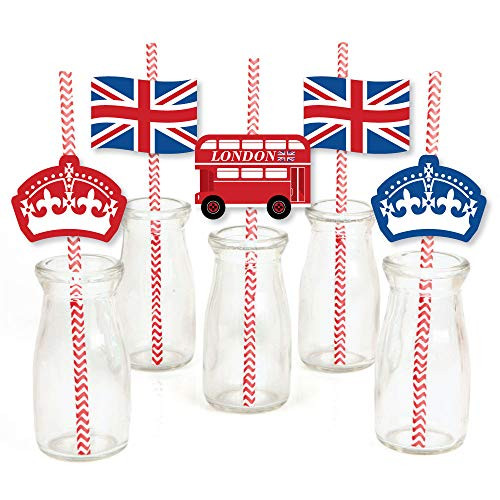 Big Dot of Happiness Cheerio, London - Paper Straw Decor - British UK Party Striped Decorative Straws - Set of 24