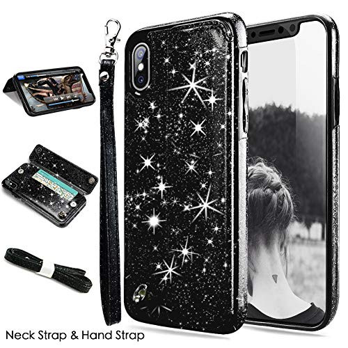 iPhone Xs MAX Case, iPhone Xs MAX Wallet Case, CASEOWL iPhone Xs MAX Case Wallet Faux Leather Flip Card Slot Holder,Wristlet,Neck Strap,Kick-Stand,Shockproof Slim Case for iPhone Xs MAX-Bling Black