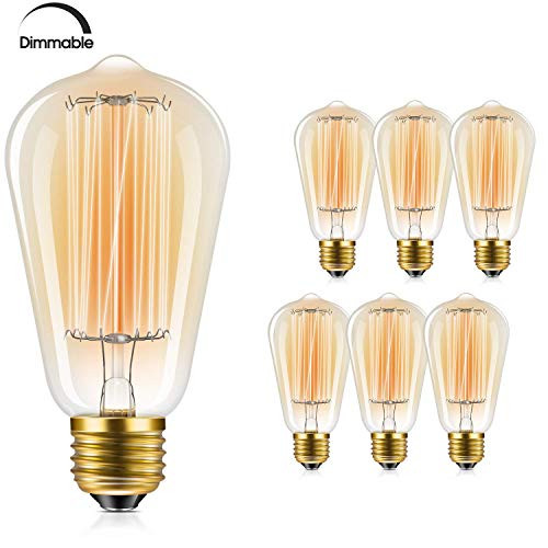 Edison Bulb, FadimiKoo Vintage Bulb 60W Dimmable ST58 Squirrel Cage Filament Edison Lihgt Bulb for Home Light Fixtures Decorative, Pack of 6