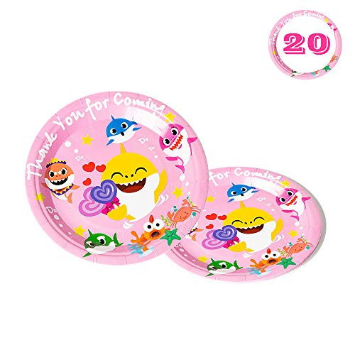 Baby Cute Shark Plates, 20 pcs Birthday Party Supplies 7 Inch Cake Paper Dessert Set, Doo Doo Pink Decorations