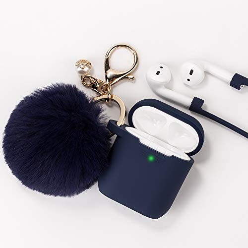 Airpods Case, Filoto Airpod Case Cover for Apple Airpods 2&1 Charging Case, Cute AirPods Silicon Case with Airpods Accessories Keychain/Skin/Pompom/Strap 2019 Summer Series (Dark Blue)