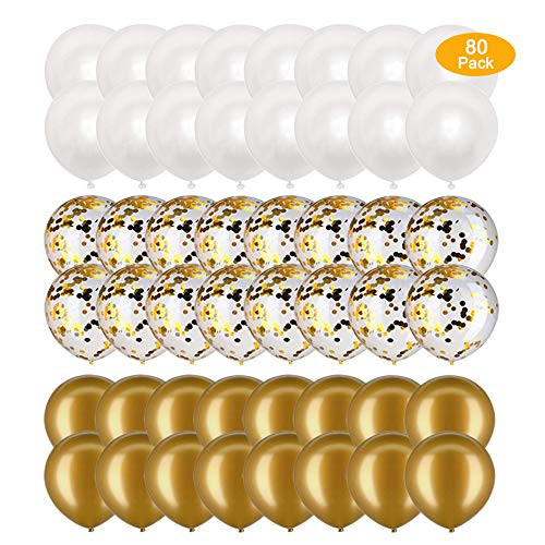 80 Pieces Confetti Balloons 12" Party Balloons Latex Balloons Birthday Balloons Baby Shower Balloons Wedding Balloons for More Parties (Gold, Confetti and White Balloons)