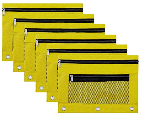 Pencil Case Pencil Pouch Zipper with 3 Ring and Double Pocket and Mesh Window(Yellow,6 Pack)