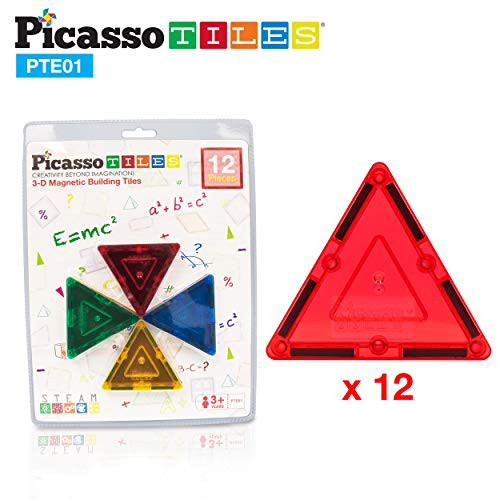 PicassoTiles 12pc Magnetic Building Block Set Equilateral Triangle Magnet Tiles Construction Toy STEM Learning Kit Educational Playboards Pretend Play Stacking Blocks Child Brain Development PTE01