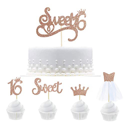 33 Rose Gold Glitter Sweet Sixteen Birthday Party Decorations Sweet Sixteen Cupcake Topper Kit With Figure 16,Crown,Sweet,3D Tulle Dress Cupcake Toppers for Sweet Sixteen Birthday Party Decorations