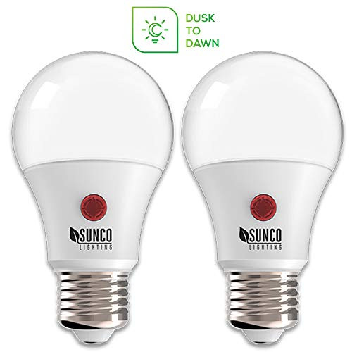 Sunco Lighting 2 Pack A19 LED Bulb with Dusk-to-Dawn, 9W=60W, 800 LM, 4000K Cool White, Auto On/Off Photocell Sensor - UL