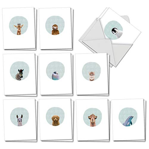 Animal Portrait Mode - 20 All Occasion Baby Animal Note Cards with Envelopes (4 x 5.12 Inch) - Assortment of Blank Greetings Cards - Cute Kids Stationery (10 Designs, 2 Each) AM7182OCB-B2x10