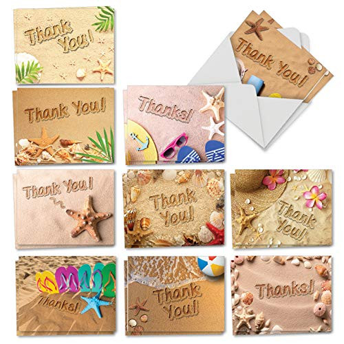 The Best Card Company Beach Notes - 20 Assorted Boxed Thank You Note Cards with Envelopes (4 x 5.12 Inch) - Featuring Sandy Summer Scenes on the Beach AM6113TYG-B2x10