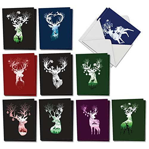 The Best Card Company Reindeer Silhouette - 20 Assorted Boxed Christmas Thank You Note Cards with Envelopes (4 x 5.12 Inch) - Brightly Colored Reindeer Patterned in Appreciation AM2921XTG-B2x10