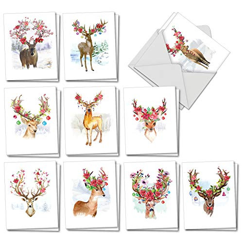 The Best Card Company Blooming Reindeer - 20 Assorted Boxed Merry Christmas Note Cards with Envelopes (4 x 5.12 Inch) - With Winter Seasonal Flower Antlers AM7378XSG-B2x10