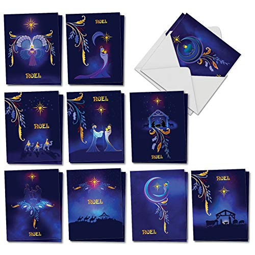 The Best Card Company Nouveau Noel - 20 Assorted Boxed Christmas Thank You Note Cards with Envelopes (4 x 5.12 Inch) - Featuring Thankful Indigo Nativity Scenes AM6124XTG-B2x10