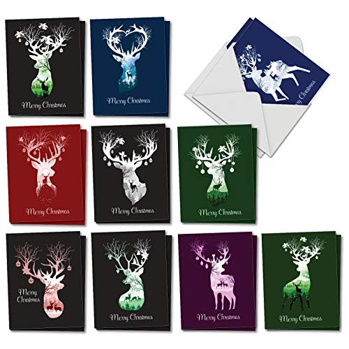 The Best Card Company Reindeer Silhouette - 20 Assorted Boxed Merry Christmas Note Cards with Envelopes (4 x 5.12 Inch) - Christmas Colored Reindeer Patterned in Wilderness AM2921XSG-B2x10