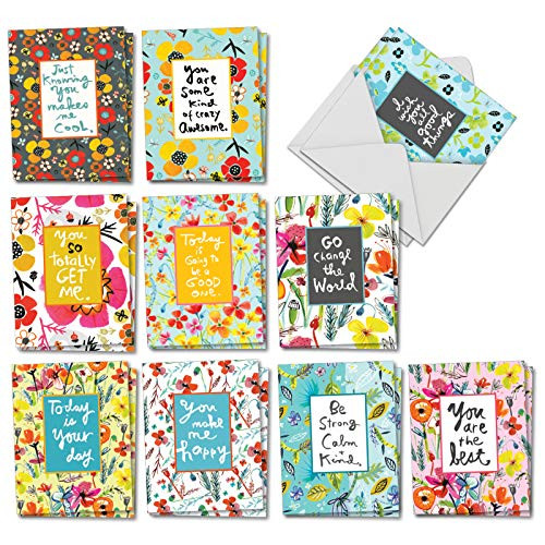 Words for Friends - 20 Inspirational Blank Greeting Cards with Envelopes (4 x 5.12 Inch) - All Occasion Flower Stationery Set - Boxed Motivation Note Cards (10 Designs, 2 Each) AM6482OCB-B2x10