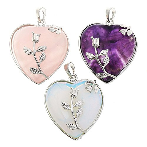 Top Plaza Natural Amethyst/Rose Quartz/Opalite Healing Crystal Gemstone Heart Pendant Necklace Top Plaza Natural Amethyst/Rose Quartz/Opalite Healing Crystal Gemstone Heart Pendant Necklace