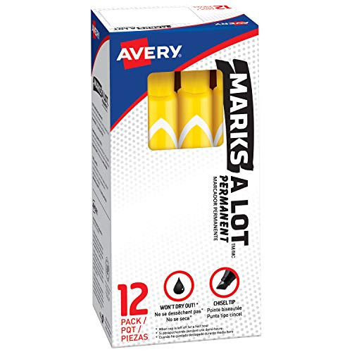 Avery Marks-A-Lot Permanent Markers, Large Desk-Style Size, Chisel Tip, Water and Wear Resistant, 12 Yellow Markers (08882)