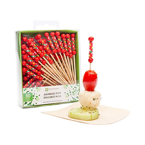Red Braided Skewers, Braided Skewers, Food Picks, Sticks - 4" - Perfect for Serving Appetizers and Cocktail Garnishes - 50ct Retail Pack - Restaurantware