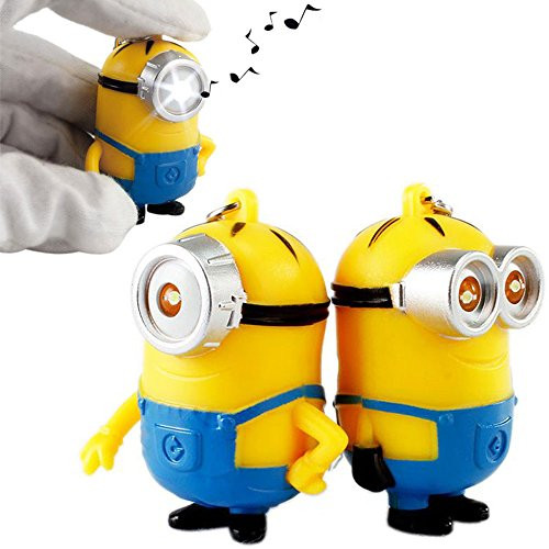2Pcs Despicable Me Minion Keychain Ring with LED Flashlight, Touch Sound Toy 3D Eyes PVC Figure