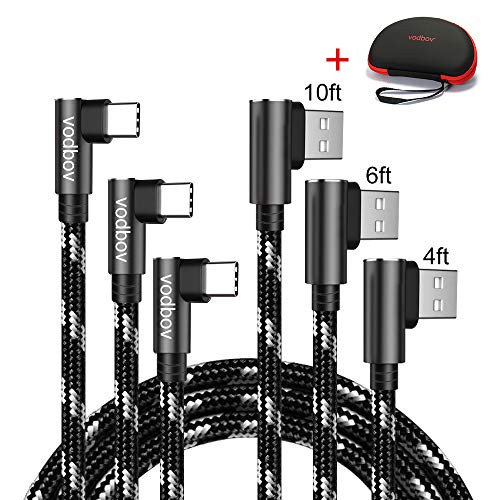 Vodbov 3 Pack (4ft 6ft 10ft) Type c Cable 5a USB 90 Degree Fast Charging 3.1, Right Angle Braided Type c USB Cable Compatible with Samsung Xiaomi Huawei (Black)