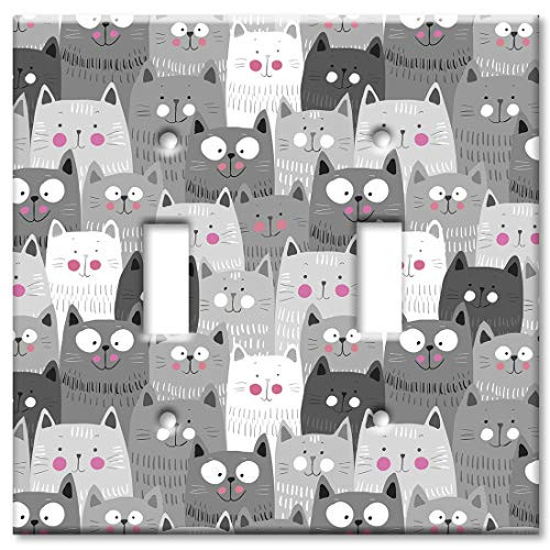 Art Plates 2-Gang Toggle OVERSIZED Switch Plate/OVER SIZE Wall Plate - Gray & White Cat Toss