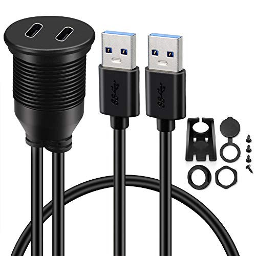 BATIGE Dual Port USB 3.0 Male to Type C 3.0 Female 2 Ports Car Mount Flush Cable Waterproof Extension for Car Truck Boat Motorcycle Dashboard Panel - 3ft