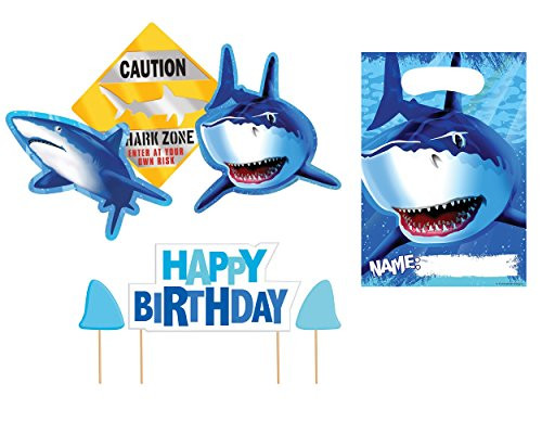 Creative Converting Set of 3 Shark Birthday Party Pick Candles, 3 Splash Shark Cutouts Decoration and 16ct Shark Splash Loot Bags