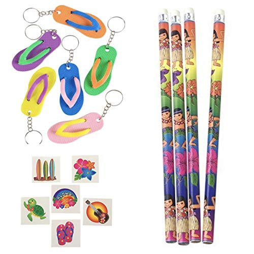 120 LUAU Party Favors - 72 Tattoos 24 Pencils 24 Flip-Flop Key Chains -TROPICAL Birthday Goodies SURF Beach CLASSROOM Hibiscus