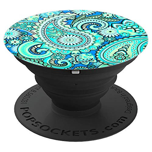 Paisley Flowered Pattern Artistic Blue Teal Mint Lime - PopSockets Grip and Stand for Phones and Tablets